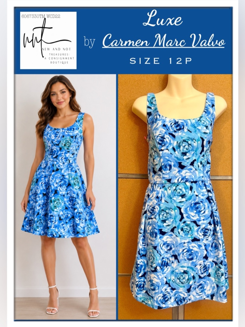 Luxe by Carmen Marc Valvo Blue Roses Floral Fit & Flare Dress Petite 12P Pockets